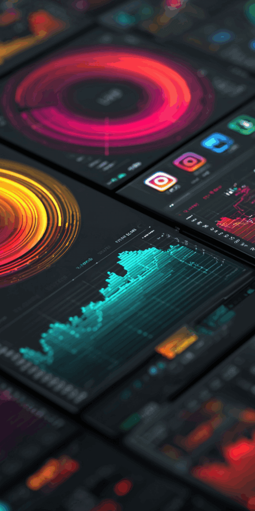 Angled view of charts and graphs with different social platform icons to depict predictive media mix modeling
