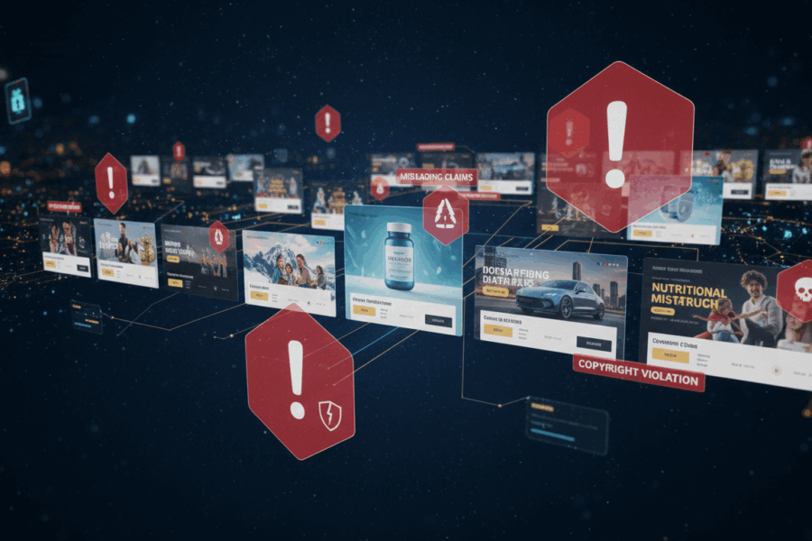 Futuristic digital visualization of online ad compliance and audit. Multiple professional-looking advertisements (lifestyle, medical, products) float on a dark blue background, connected by yellow energy lines. Prominent red and yellow warning flags and error symbols clearly mark several ads, indicating policy violations, mismatched messaging, and compliance errors in an ad review process.