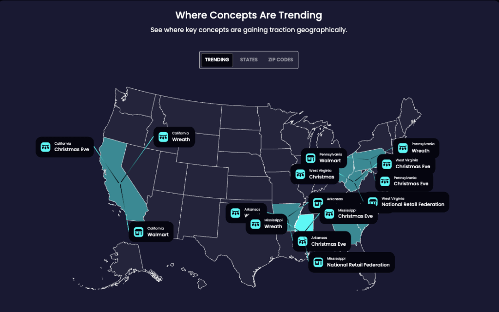 U.S. map showing trending consumer intent concepts like “Christmas Eve,” “Walmart,” and “National Retail Federation” by state in the IntentKey Platform November 2025 Update.