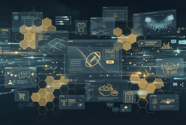 bstract digital illustration of the Super Bowl programmatic advertising ecosystem. A dark navy and mustard yellow interface shows floating screens and data icons—including football helmets, team jerseys, a February calendar, and chips and salsa—connected by glowing energy pulses. This represents real-time consumer intent and signal mapping during a major live sporting event.