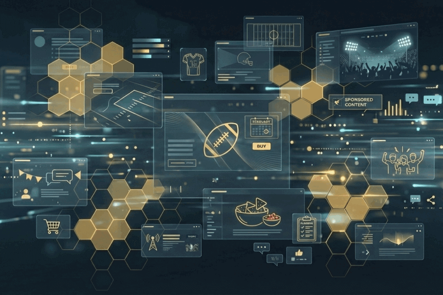 bstract digital illustration of the Super Bowl programmatic advertising ecosystem. A dark navy and mustard yellow interface shows floating screens and data icons—including football helmets, team jerseys, a February calendar, and chips and salsa—connected by glowing energy pulses. This represents real-time consumer intent and signal mapping during a major live sporting event.