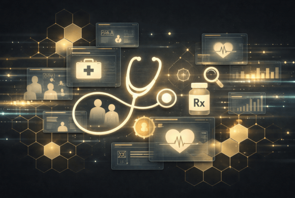 Abstract healthcare marketing visualization featuring hexagon data networks, a glowing stethoscope, and digital health icons representing real-time intent signals, patient behavior, and audience targeting.