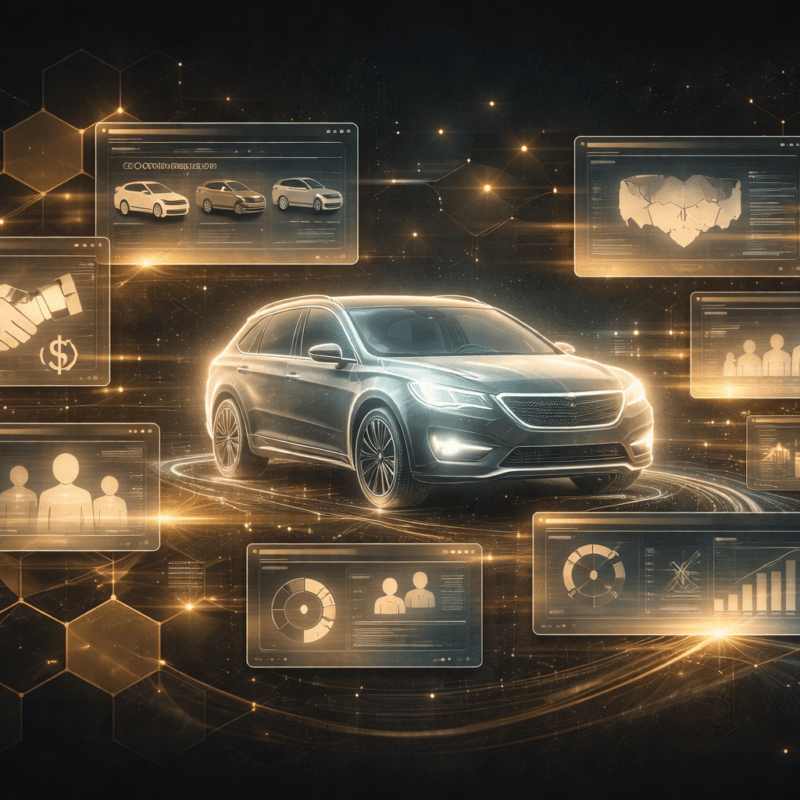 Futuristic automotive marketing visualization showing SUV surrounded by data dashboards, audience segments, and real-time intent signals across a connected digital network
