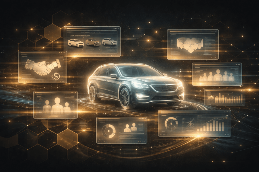 Futuristic automotive marketing visualization showing SUV surrounded by data dashboards, audience segments, and real-time intent signals across a connected digital network