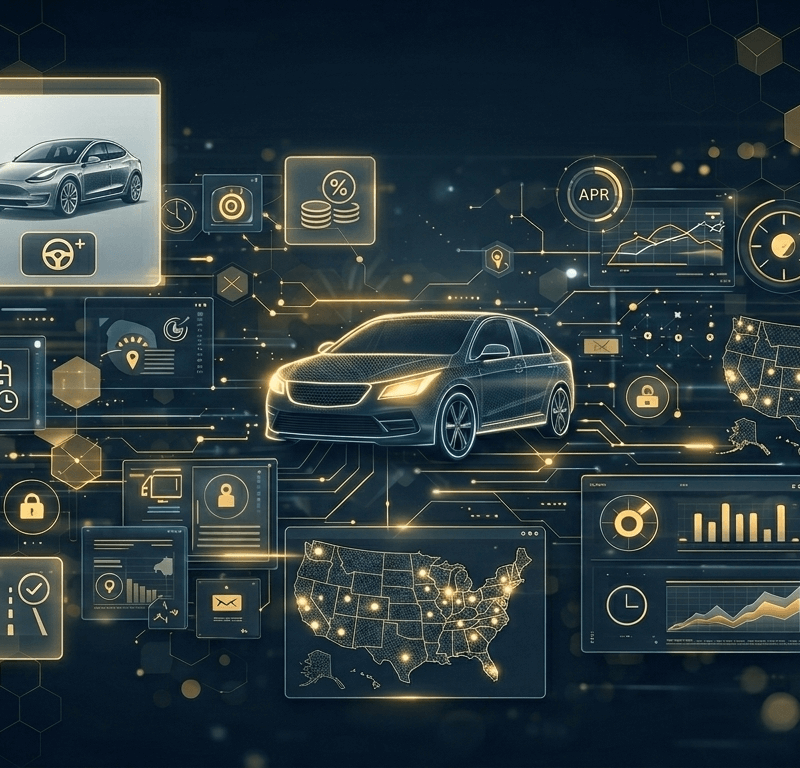 Digital illustration of real-time automotive intent targeting, showing a connected vehicle, shopper behavior dashboards, pricing comparisons, APR visuals, and a U.S. map with data signals.