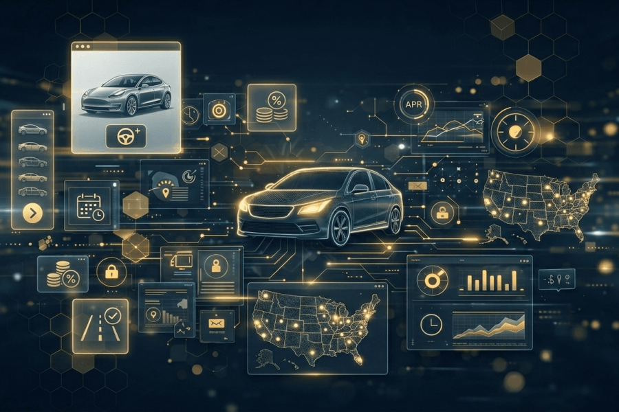 Digital illustration of real-time automotive intent targeting, showing a connected vehicle, shopper behavior dashboards, pricing comparisons, APR visuals, and a U.S. map with data signals.