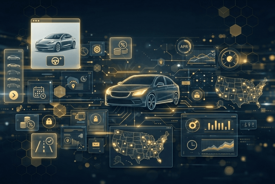 Digital illustration of real-time automotive intent targeting, showing a connected vehicle, shopper behavior dashboards, pricing comparisons, APR visuals, and a U.S. map with data signals.