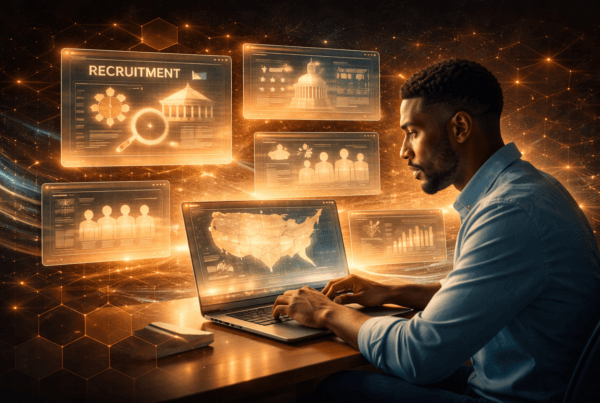 Government recruitment analysis shown through a laptop with holographic dashboards visualizing audience intent, candidate insights, and U.S. workforce data