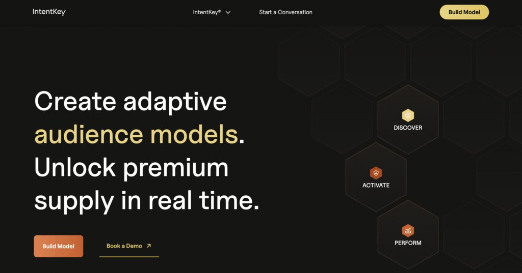 New IntentKey Platform Homepage interface showing adaptive audience modeling workflow from discovery to activation and performance.
