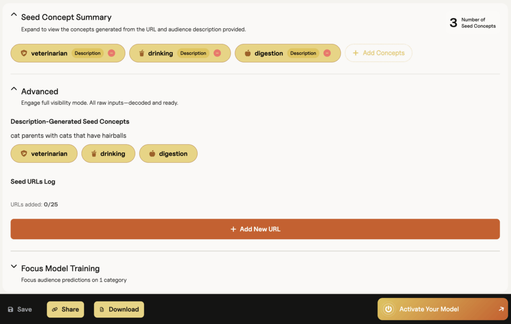 IntentKey Platform model URL editing interface showing seed concept selection and ability to add more URLs for the AI to pull more concepts.