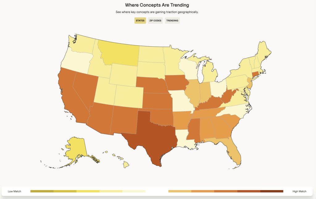Screenshot of a color-coded map that shows the darker colors as higher engagement states and the lighter colors as lower engagement. The color hues are light yellow to dark orange.